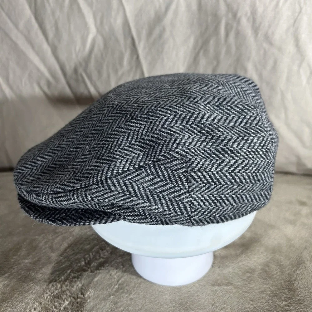 Men's Classic Grey Herringbone Flat Cap - Wool Blend Newsboy Hat - Size M